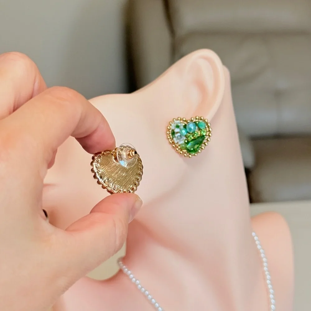 Gold-Trim Green Heart Cluster Stud Earrings